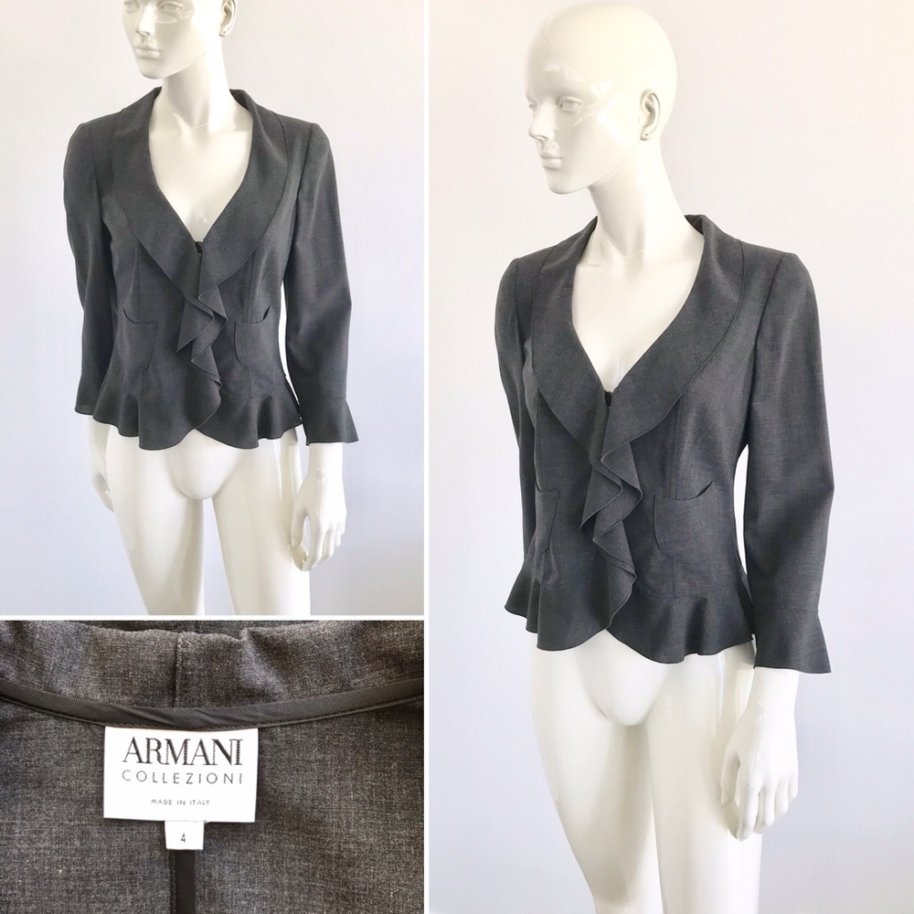 Vintage 1990s Armani Collezioni Gray Wool Ruffle Blazer Incredible Details Small